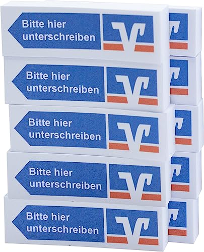 Litfax VR Haftnotizen "Bitte hier unterschreiben" mit Volksbank Raiffeisenbank Klebestreifen - 100 Blatt Sticky Notes je Block - Post It Haftstreifen (VR Bank - Blau - Pfeil Links, 10er Blöcke) von Litfax