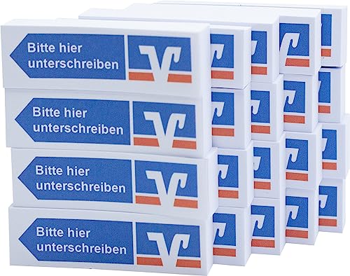 Litfax VR Haftnotizen "Bitte hier unterschreiben" mit Volksbank Raiffeisenbank Klebestreifen - 100 Blatt Sticky Notes je Block - Post It Haftstreifen (VR Bank - Blau - Pfeil Links, 20er Blöcke) von Litfax