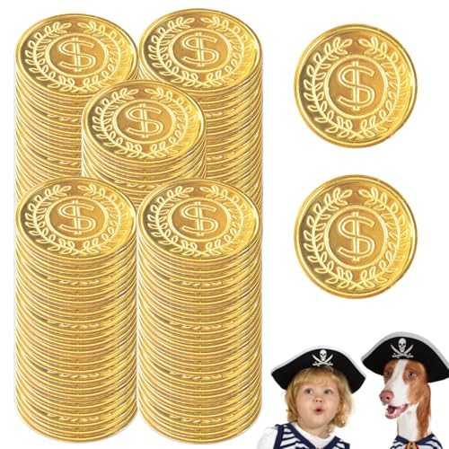 Lithyc 100 PlastikgoldmüNzen-GoldmüNzen Kinder-Kinderspielzeug-Goldtaler-Piratenschatz-Piratengold-Schatzsuchspiel-Ideal FüR Geburtstagsfeiern, Versammlungen von Lithyc