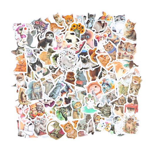 Litinliv 100 Stück Cute Kawaii Sticker Set Katze, Wasserfarben Katze Aufkleber, süße Katzen Aufkleber wasserfeste, Karikatur Katze Aufkleber für Scrapbooking Laptop Gepäck Skateboard von Litinliv