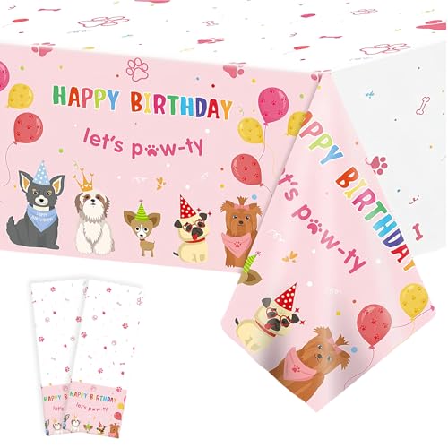 Litinliv 2 Stück Hunde Geburtstag Tischdecken, Themed “Happy Birthday” Tischdecken, Welpen Tischdecken Wasserdicht Tischdecke, Hunde Tischdecken für Welpe Thema Party Supplies 137 x 274CM（Rosa） von Litinliv