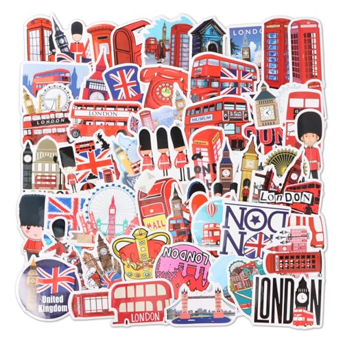 Litinliv Londoner Flaggen und Souvenir-Aufkleber, 50 Stück Londoner Busse Aufkleber, Sticker mit London und England-Motiven, Wasserdichtes Vinyl Stickers, Leicht Aufzutragen und Entfern von Litinliv