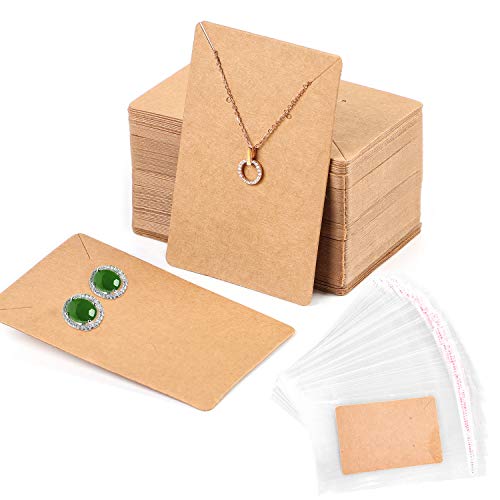 Litthing 100 Stück Ohrring Display Karten mit 200 selbstklebenden Beuteln, Schmuck Display Karten von Kraftpapier, Halskette Display-Karten Ohrring Karten für Schmuck-Display, 9 * 6cm, Braun von Litthing