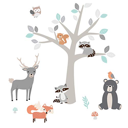 Little Deco Aufkleber Waldtiere Kinder & Baum I Wandbild 89 x 54 cm (BxH) I Fuchs Hirsch Waschbären Wandtattoo Babyzimmer Junge Mädchen Wandsticker Deko Tiere DL524-1 von Little Deco