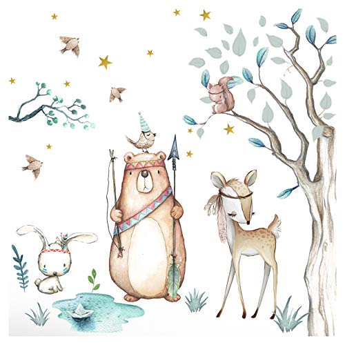 Little Deco Aufkleber Waldtiere & Bär I Wandbild 116 x 102 cm (BxH) I Baum Hase Sterne Wandsticker Kinder Wandtattoo Kinderzimmer Baby Deko Babyzimmer DL505 von Little Deco