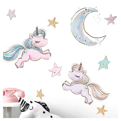 Little Deco Wandaufkleber Einhörner Mond und Sterne I M - 140 x 106 cm (BxH) I Wandtattoo Kinderzimmer Mädchen Babyzimmer Aufkleber Sticker Wandsticker Kinder DL185 von Little Deco