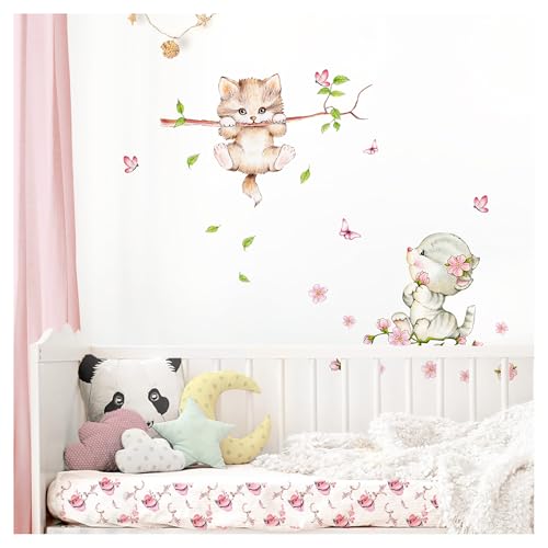 Little Deco Wandaufkleber Kinderzimmer Mädchen 2 Katzen Schmetterlinge I M - 75 x 81 cm (BxH) I Wandtattoo Katze Aufkleber Tiere Deko Babyzimmer Kinder DL361 von Little Deco