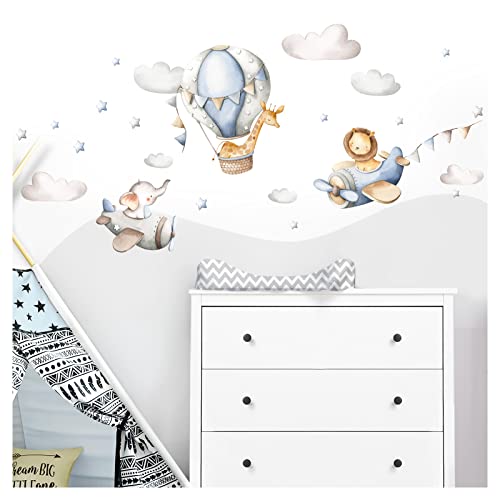 Little Deco Wandsticker Kinderzimmer Junge Tiere Flugzeuge I Blau - 190 x 87 cm (BxH) I Wandtattoo Löwe Elefant Wandaufkleber Kinder Ballon Wolken DL246-4-XL von Little Deco