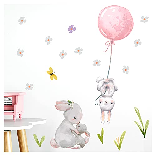 Little Deco Wandtattoo Babyzimmer Hasen mit Ballon Rosa I S - 56 x 56 cm (BxH) I Blumen Kinderbilder Deko Kinderzimmer Mädchen Aufkleber Sticker DL238 von Little Deco