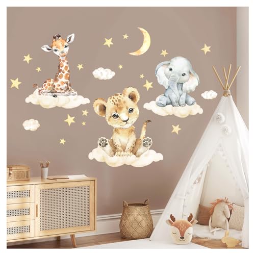 Little Deco Wandtattoo Dschungeltiere auf Wolken Wandsticker Kinderzimmer Safari Löwe Elefant Babyzimmer Wandaufkleber DL918-1 von Little Deco