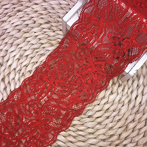 Little Lane Lace 8 cm breiter, elastischer Stoff mit Spitzen-Stickerei, für Vorhänge, Tischdecken, Futter, Brautkleid, DIY-Kleidung/Zubehör. (5 Harde in jeder Packung) (rot) von Little Lane Lace