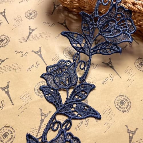 8,5 cm breit, europäisches Blumenmuster, Boho-Muster, unelastisch, Stickerei-Spitzenbordüre, Vorhang-Tischdecke, Slipcover, Braut-DIY-Kleidung/Zubehör (2 Yards in einem Paket) (Marineblau) von Little lane lace