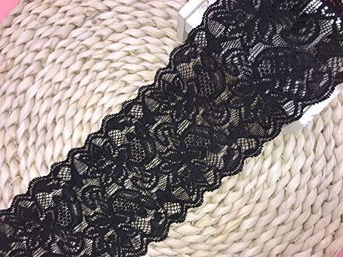 Spitzenbesatz für Stickerei-Motiv, elastisch, elastisch, 8 cm breit, für Kleidung / Zubehör, DIY, für Vorhänge (5 Yards in einer Packung) (schwarz) von Little lane lace