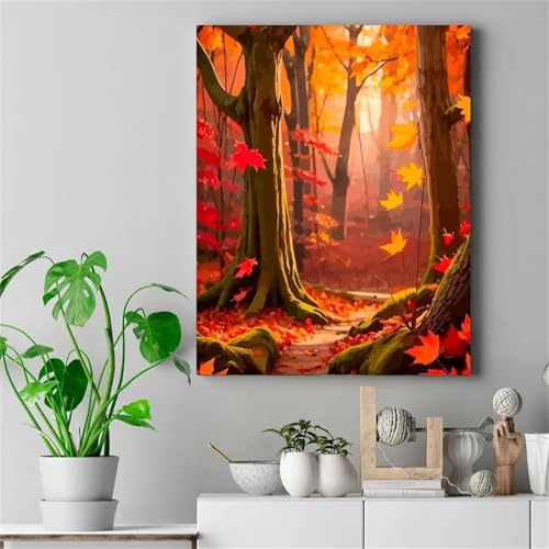 Blättern im Herbstwald Malen nach Zahlen für Erwachsene,DIY Handgemalt Ölgemälde-Set auf Leinwand mit Pinseln und Acrylpigment für Kinder Anfänger Kunst für Heimdekoration Geschenk,mit rahmen 60x75cm von Lituor