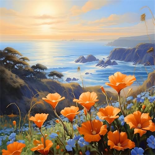 Blumen am Meer Diamond Painting Kits für Erwachsene,5D Sonnenaufgangsansicht Diamond Painting Kits Round Full Drill DIY Diamond Painting Kits für Anfänger Diamond Art Kreuzstich Malerei Home Dekor von Lituor