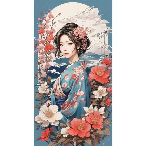 Diamond Painting Frau Blume,5D Großes Diamond Painting für Erwachsene,Japanische Landschaft DIY Diamant Painting Bilder,Voll Runder Strass Stickerei Kristall Diamant Malerei Home Wall Décor 30x60cm von Lituor