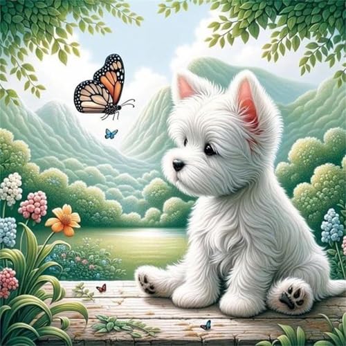 Hund Schmetterling Diamond Painting Kits für Erwachsene,5D Landschaft Diamond Painting Kits Round Full Drill DIY Diamond Painting Kits für Anfänger Diamond Art Kreuzstich Malerei Home Dekor von Lituor