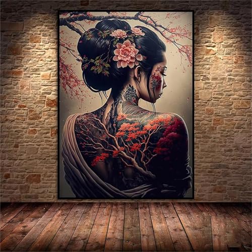 Japanische Tattoo-Frau Malen nach Zahlen für Erwachsene,DIY Handgemalt Ölgemälde-Set auf Leinwand mit Pinseln und Acrylpigment für Kinder Anfänger Kunst für Heimdekoration Geschenk mit Rahmen,60x75cm von Lituor