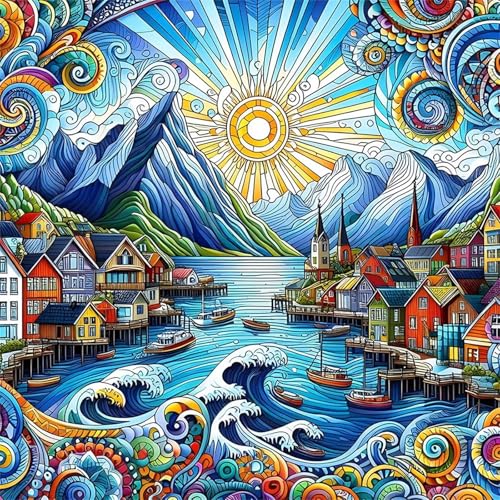 Küstenstadt Diamond Painting Erwachsene,5D Fantastische Landschaft Diamant Painting Bilder Anfänger DIY Runder Vollbohrer Stickerei Kreuzstich Diamanten Malerei Geschenke Home Wand Dekor 70x70cm von Lituor