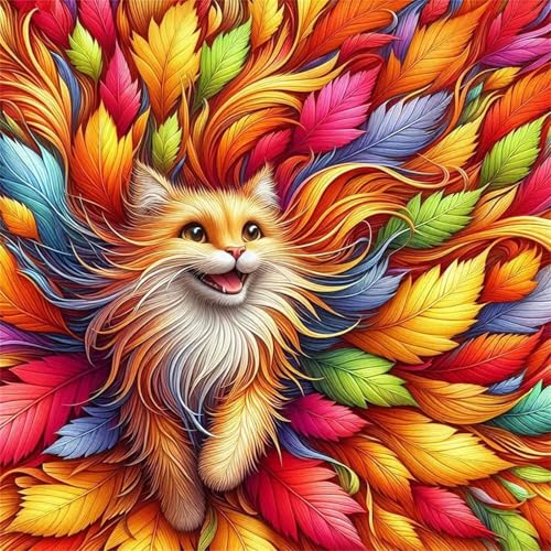 Lituor Blattkatze Diamond Painting Erwachsene,5D Herbst Tier Diamant Painting Bilder Anfänger DIY Runder Vollbohrer Stickerei Kreuzstich Diamanten Malerei Geschenke Home Wand Dekor 100x100cm von Lituor