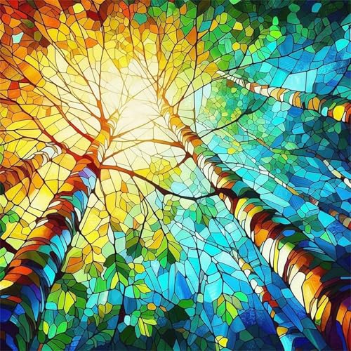 Lituor Buntglasbaum Diamond Painting Erwachsene,5D Landschaft Diamant Painting Bilder Anfänger DIY Runder Vollbohrer Stickerei Kreuzstich Diamanten Malerei Geschenke Home Wand Dekor 100x100cm von Lituor