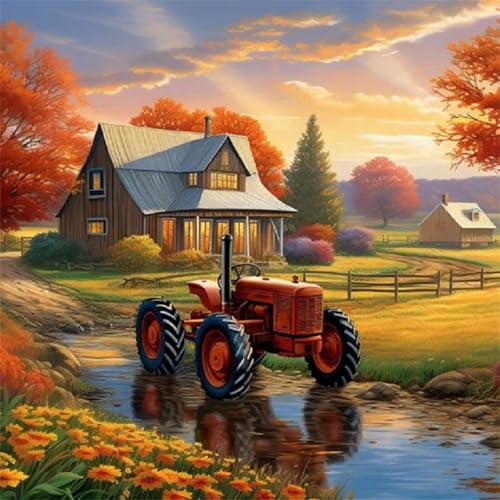 Lituor Herbstlandschaft Diamond Painting Erwachsene,5D Ackerschlepper Diamant Painting Bilder Anfänger DIY Runder Vollbohrer Stickerei Kreuzstich Diamanten Malerei Geschenke Home Wand Dekor 60x60cm von Lituor