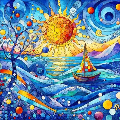 Lituor Sonne, Meer, Boot Diamond Painting Erwachsene,5D Landschaft Diamant Painting Bilder Anfänger DIY Runder Vollbohrer Stickerei Kreuzstich Diamanten Malerei Geschenke Home Wand Dekor 100x100cm von Lituor