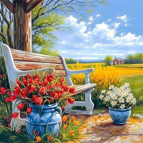 Lituor Stuhl Blumen Diamond Painting Erwachsene,5D Landschaft Diamant Painting Bilder Anfänger DIY Runder Vollbohrer Stickerei Kreuzstich Diamanten Malerei Geschenke Home Wand Dekor 40x40cm von Lituor