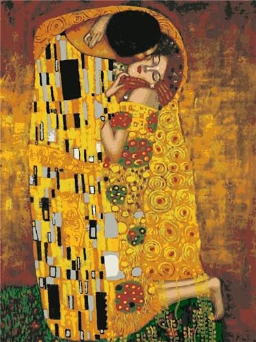 Malen nach Zahlen Erwachsene,Kuss Gustav Klimt Malen Nach Zahlen Set für Kinder Anfänger DIY Digital Ölgemälde Kits auf Leinwand mit Pinseln und Acryl Pigment mit Rahmen für Home Wall Decor 55x70cm von Lituor