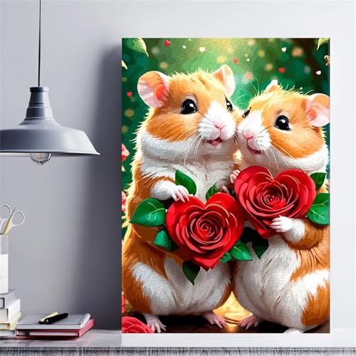 Malen nach Zahlen Erwachsene,Paar Meerschweinchen-Rosen Malen Nach Zahlen Set für Anfänger DIY Digital Ölgemälde Kits auf Leinwand mit Pinseln und Acrylpigment ohne Rahmen für Home Wall Decor 55x70cm von Lituor