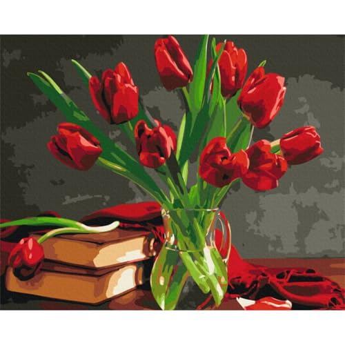 Malen nach Zahlen Erwachsene,Rote Tulpenvase Malen Nach Zahlen Set für Kinder Anfänger DIY Digital Ölgemälde Kits auf Leinwand mit Pinseln und Acrylpigment ohne Rahmen für Home Wall Decor 45x60cm von Lituor