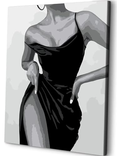 Malen nach Zahlen Erwachsene,Sexy Frau im schwarzen Kleid Malen Nach Zahlen für Kinder Anfänger DIY Digital Ölgemälde Kits mit Pinseln und Acryl Pigment mit Rahmen für Home Wall Decor 60x75cm von Lituor