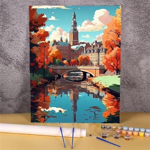 Malen nach Zahlen Erwachsene,Stadt-Fluss-Brücke Malen Nach Zahlen Set für Kinder Anfänger DIY Digital Ölgemälde Kits auf Leinwand mit Pinseln und Acrylpigment ohne Rahmen für Home Wall Decor 55x70cm von Lituor