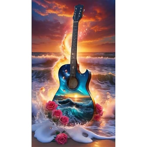 Meerblick-Gitarre Diamond Painting Set,5D Groß Diamant Painting Bilder für Erwachsene DIY Vierkant Diamant Kunst Malerei Sonnenuntergang Meer Full Stickerei Kreuzstich Bilder Wohnzimmer Dekor 30x60cm von Lituor