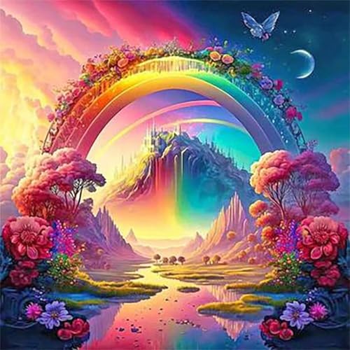 Regenbogenlandschaft Diamond Painting Erwachsene,5D Blumenmärchenland Diamant Painting Bilder Anfänger DIY Runder Vollbohrer Stickerei Kreuzstich Diamanten Malerei Geschenke Home Wand Dekor 100x100cm von Lituor