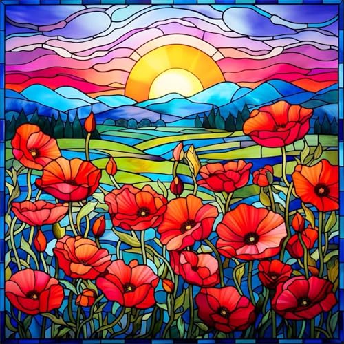 Sonnenuntergang Blumen Diamond Painting Erwachsene,5D Farbige Glasmohnblumen Diamant Painting Bilder Anfänger DIY Runder Voll Stickerei Kreuzstich Diamanten Malerei Geschenke Home Wand Dekor 100x100cm von Lituor