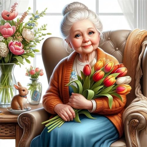 Tulpe Alte Dame Diamond Painting Kits für Erwachsene,5D Romantisch Diamond Painting Kits Round Full Drill DIY Diamond Painting Kits für Anfänger Diamond Art Kreuzstich Malerei Home Dekor von Lituor