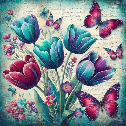 Tulpenschmetterling Diamond Painting Erwachsene,5D Rote blaue Blumen Diamant Painting Bilder Anfänger DIY Runder Vollbohrer Stickerei Kreuzstich Diamanten Malerei Geschenke Home Wand Dekor 100x100cm von Lituor