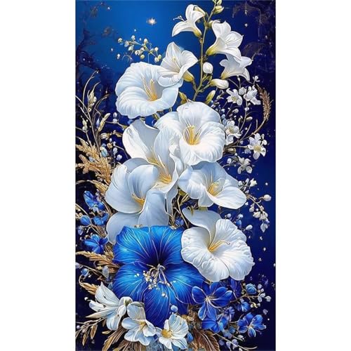 Weiß Blau Lilie Diamond Painting Set,5D Groß Diamant Painting Bilder für Erwachsene DIY Vierkant Diamant Kunst Malerei Blumen Full Stickerei Kreuzstich Bilder für Wohnzimmer Dekor 60x120cm von Lituor