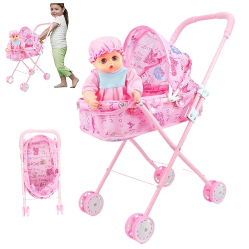 2pcs Puppenwagen mit Puppe, Faltbarer tragbarer Babypuppen -Kinderwagen, niedliche Möglichkeit, Babypuppen mit großen Augen und tragbaren Kleidung, Puppenwagen mit verstellbarem Baldachin, Spielzeug. von Liummrcy