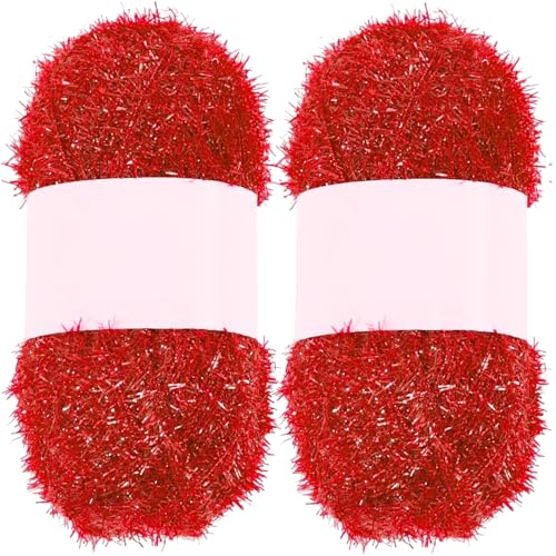 Pecrubby-Garn, Sparkle-Garn 2pcs Schnelltrocknentrockner Polyester-Glitzer-Garn für Schalengerichte weiche und komfortable Truboo-Garn für Geschirrtücher, Peelingwaschlappen, Häkeln, rot von Liummrcy