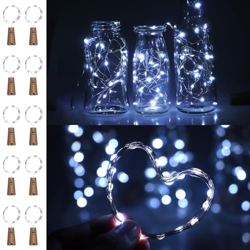 10 Stück Weinflaschenlichter mit Korken, Kaltweiß, 2 Meter, 20 LEDs, Mini-Kupferdraht, Feen-Weinflaschenlichter, wasserdichte Nachtlichter aus Kunststoff für Heimwerker, Party, Rasen(Kaltweiß) von Liuyife