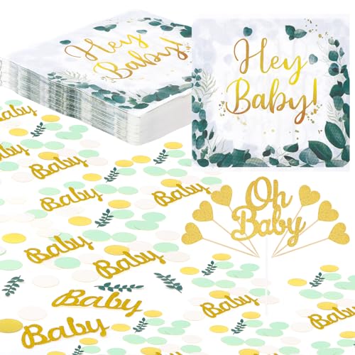 Livdouyu 24 Stück Babyparty Servietten Baby Servietten Taufe Baby Shower Hey Baby Servietten 33x33cm mit Baby Kuchen Deko, Baby Shower Deko Konfetti für Grün Gold Babyparty Babyshower Deko von Livdouyu