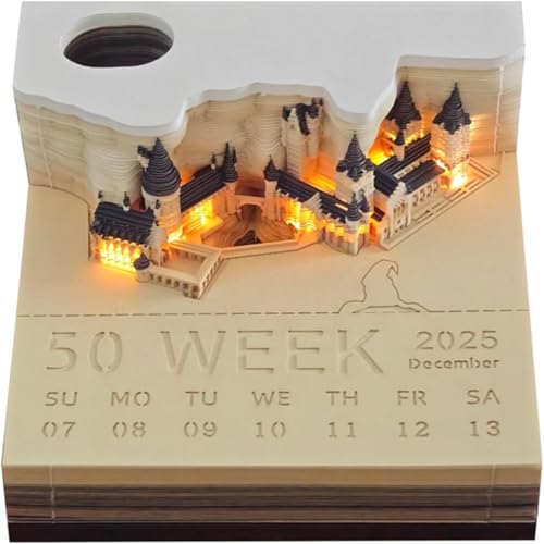 3D-Kalender 2025, Zeitmesserkalender, Tischkalender 2025, mit LED-Lichtkalender, Papierschnitzerei, Kunst, Notizblock, Notizblock, DIY-Dekoration, Geschenk für Weihnachten, Einweihungsfeier (Schloss von LiveGo