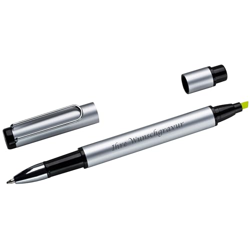 Duo-Pen aus Metall mit Gravur / mit Kugelschreiber schwarzscheibend + Textmarker von Livepac-Office