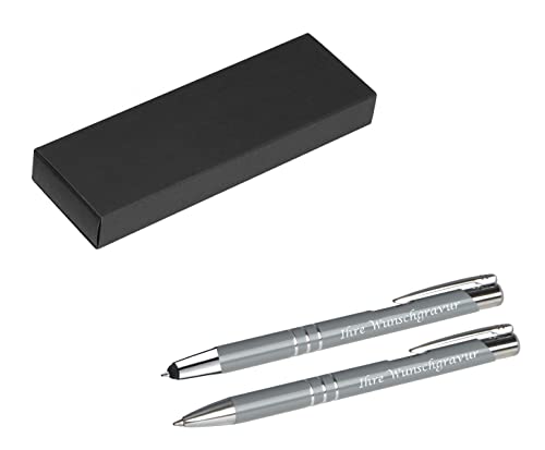 Metall Schreibset mit Gravur / Touchpen Kugelschreiber + Kugelschreiber / grau von Livepac-Office