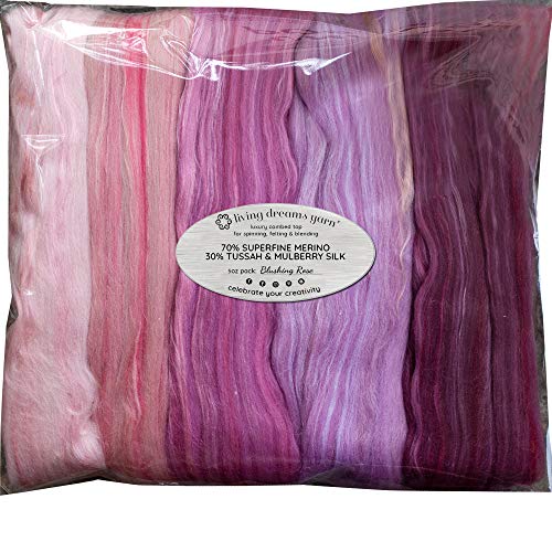 Merino Silk Luxe Tonal Designer-Mischung Superfeine Merinowolle Maulbeerseide Tussah-Seide Top Roving zum Spinnen oder Filzen Blushing Rose 142 g von Living Dreams Yarn