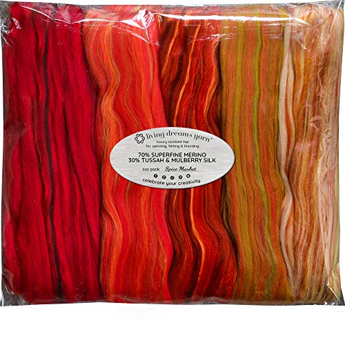 Merino Silk Luxe Tonal Designer Blend Superfeine Merinowolle Maulbeerseide Tussah-Seide Top Roving zum Spinnen oder Filzen Spice Market 142.7 g von Living Dreams Yarn