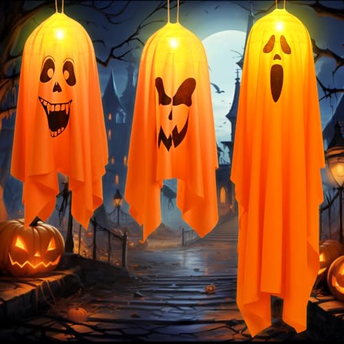 Livofloral 3 Stück Halloween Geist Hängende Anhänger Halloween Deko, Halloween Aufhängen Geister Mit Led Lichtern, Halloween Geist Hängen Geistergesicht für Halloween Party Innen Outdoor von Livofloral