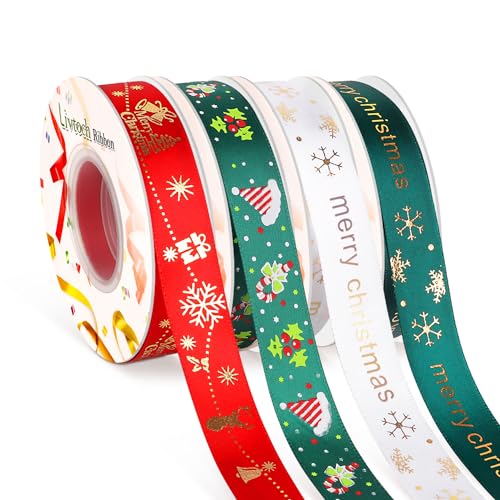 Dekoratives Band, 4 Rollen Weihnachtsband – 1,9 cm breit, insgesamt 80 Meter – Rot und Grün Weihnachtsgeschenkbänder für Geschenkverpackungen, Basteln, Urlaubsdekorationen, Geschenke, Schleifen, von Livtoch